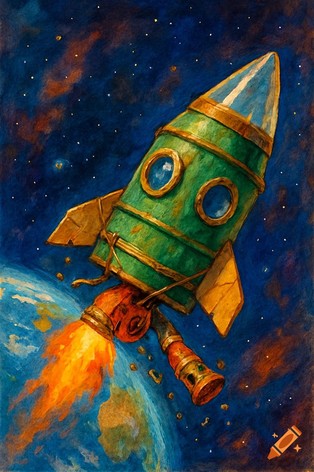 A whimsical, hand-painted green homemade rocket flies through dark outer space with Earth visible below.