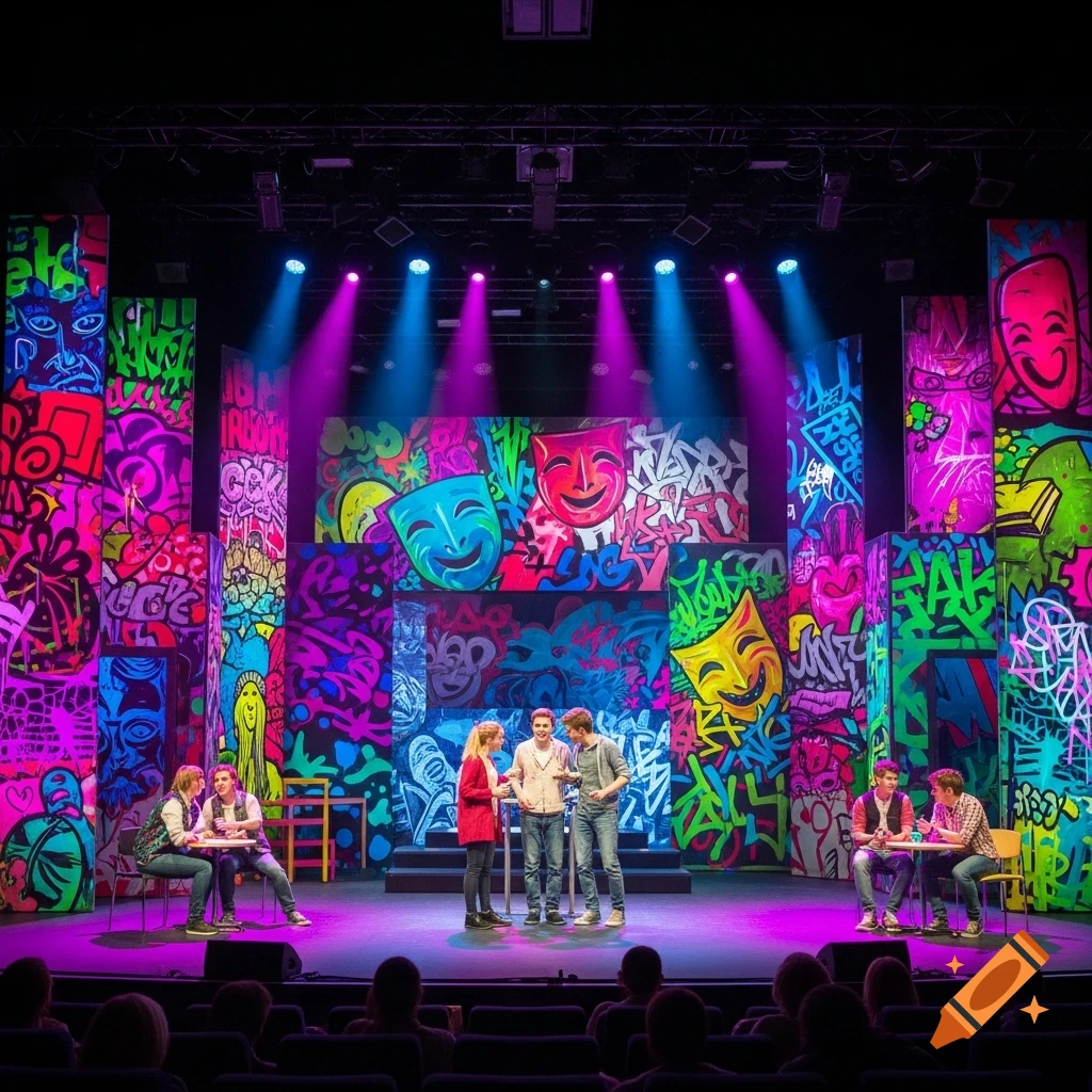 A vibrant theater stage features colorful graffiti art, dramatic masks, and young actors under purple and blue spotlights.