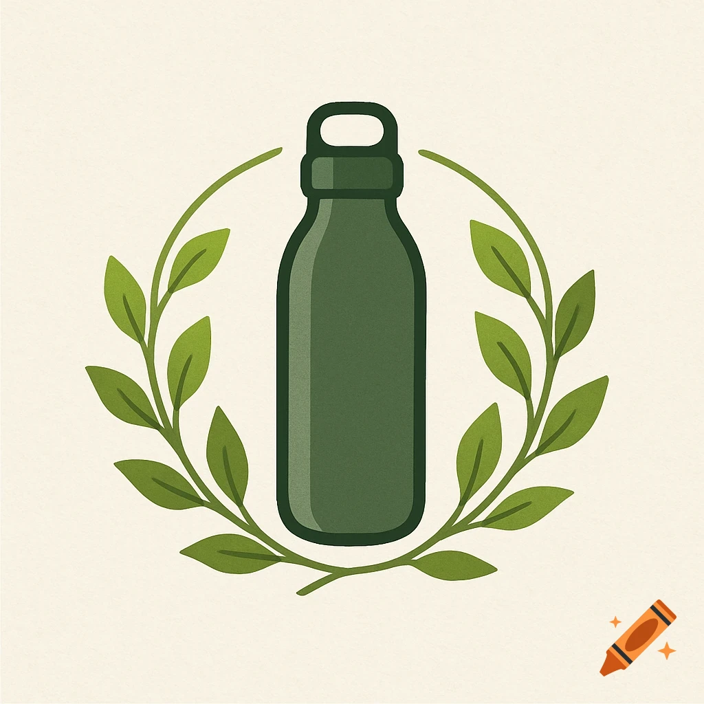 A stylized logo illustration features a dark green water bottle encircled by a wreath of green leaves on a light background.