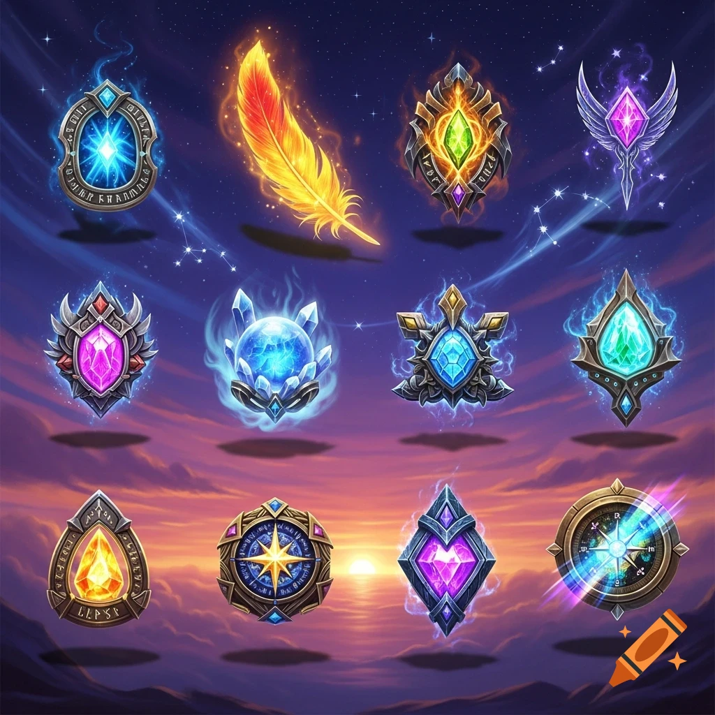 Ten glowing, ornate fantasy magic treasures or artifacts, including gems, a feather, and a compass, against a cosmic sunset sky.