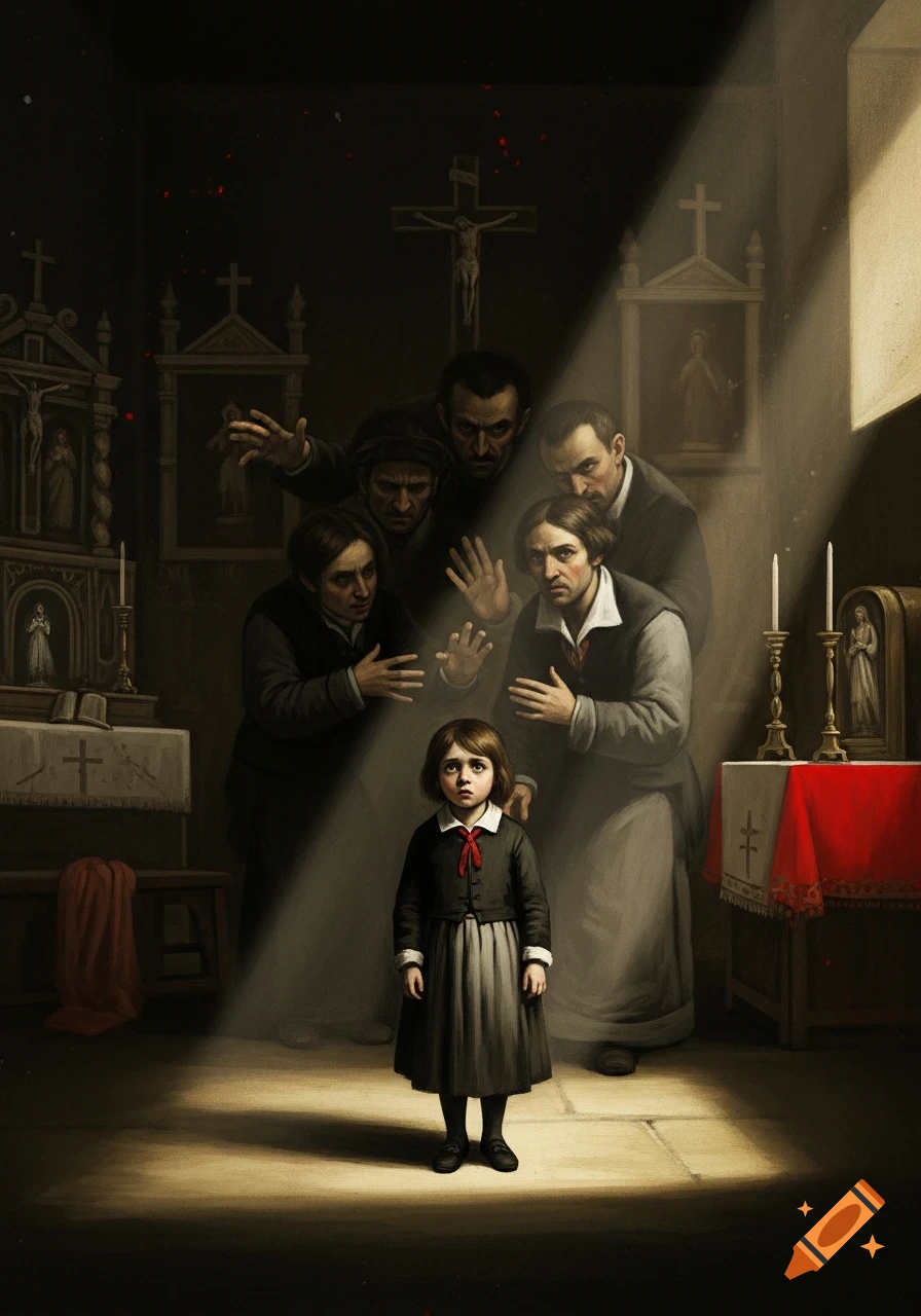 Distressed child in a spotlight, with shadowy, expressive adults behind her in a dark church, in a dramatic, Goya-esque style.