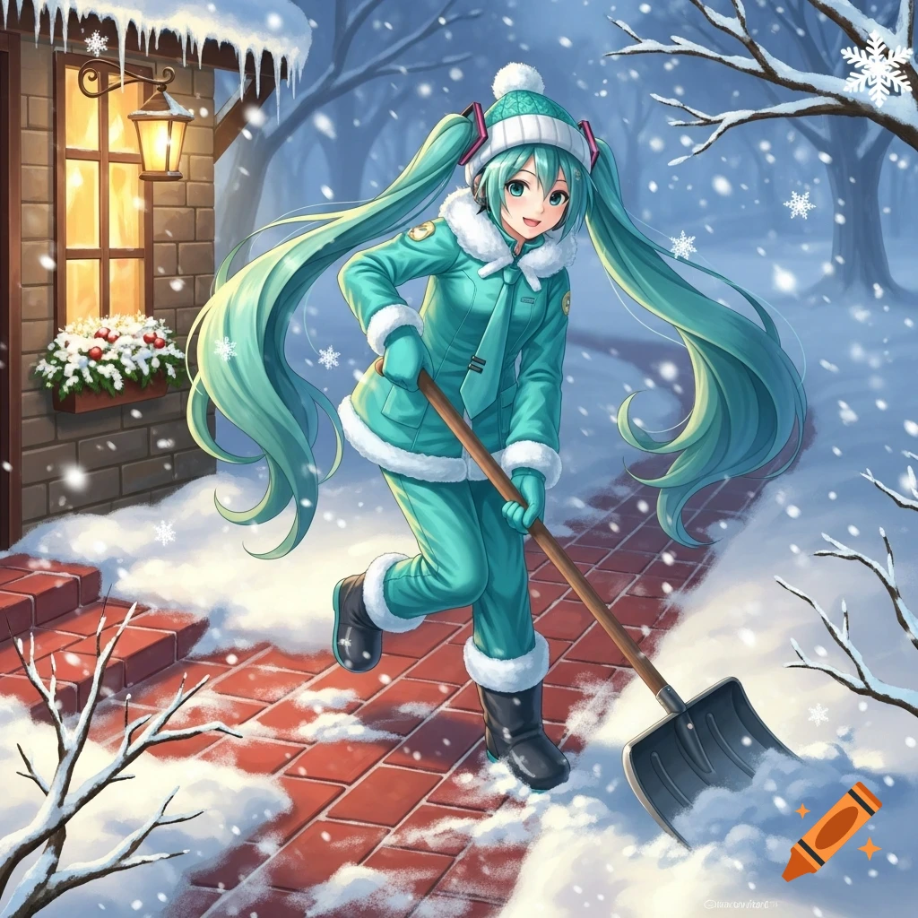 Anime character Hatsune Miku in a teal winter coat and hat, shoveling snow on a brick path in a snowy scene.