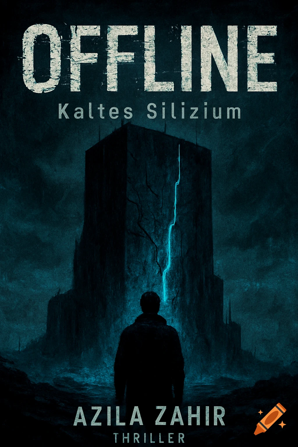 Dark book cover with a silhouette facing a towering, cracked building glowing blue, titled 'OFFLINE', 'Kaltes Silizium'.