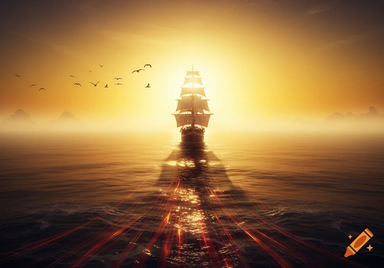 A large sailing ship floats on calm water towards a bright, golden sunset horizon, with birds flying and glowing light on the water.
