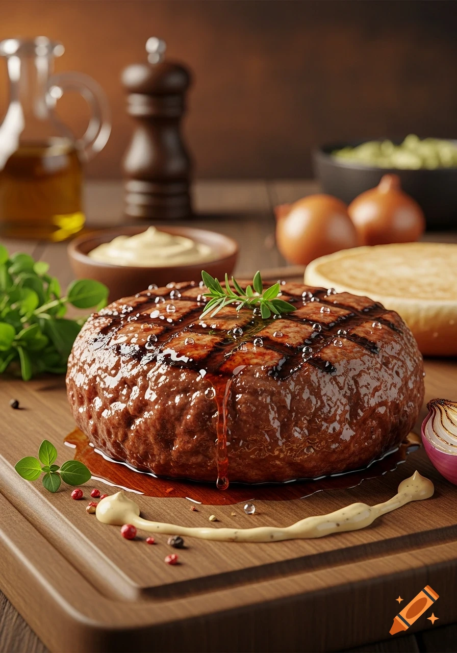 A photorealistic, juicy grilled beef patty with grill marks, garnished with rosemary, on a wooden board.
