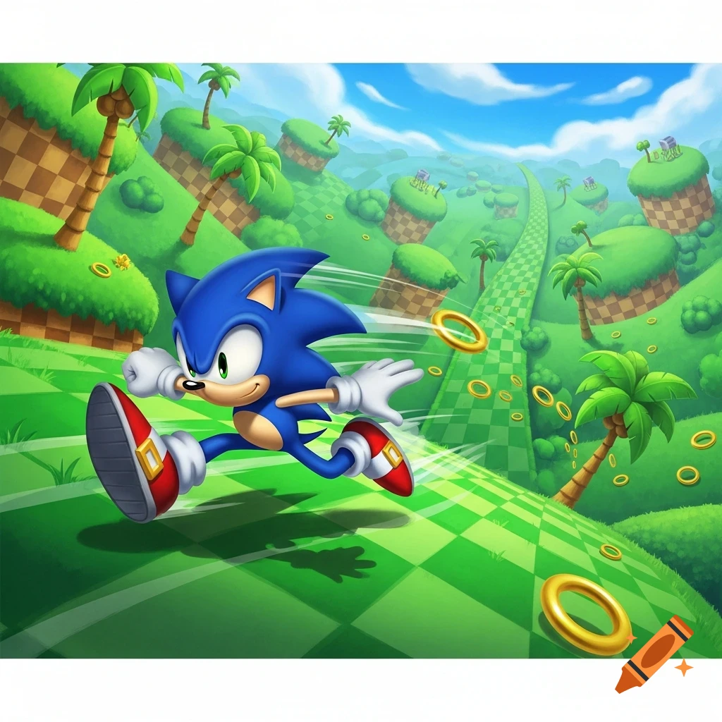 Sonic the Hedgehog runs past palm trees and golden rings in a vibrant Green Hill Zone landscape.
