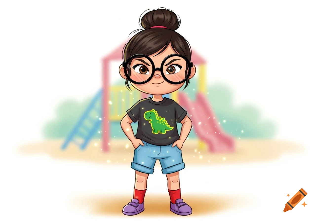 A cartoon girl with dark hair in a bun, black glasses, a dark gray shirt with a green dinosaur, blue shorts, red socks, and purple shoes stands on a playground.