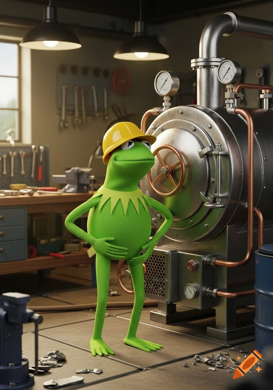 Kermit the Frog wearing a yellow hard hat stands in a detailed workshop next to a large metal boiler.