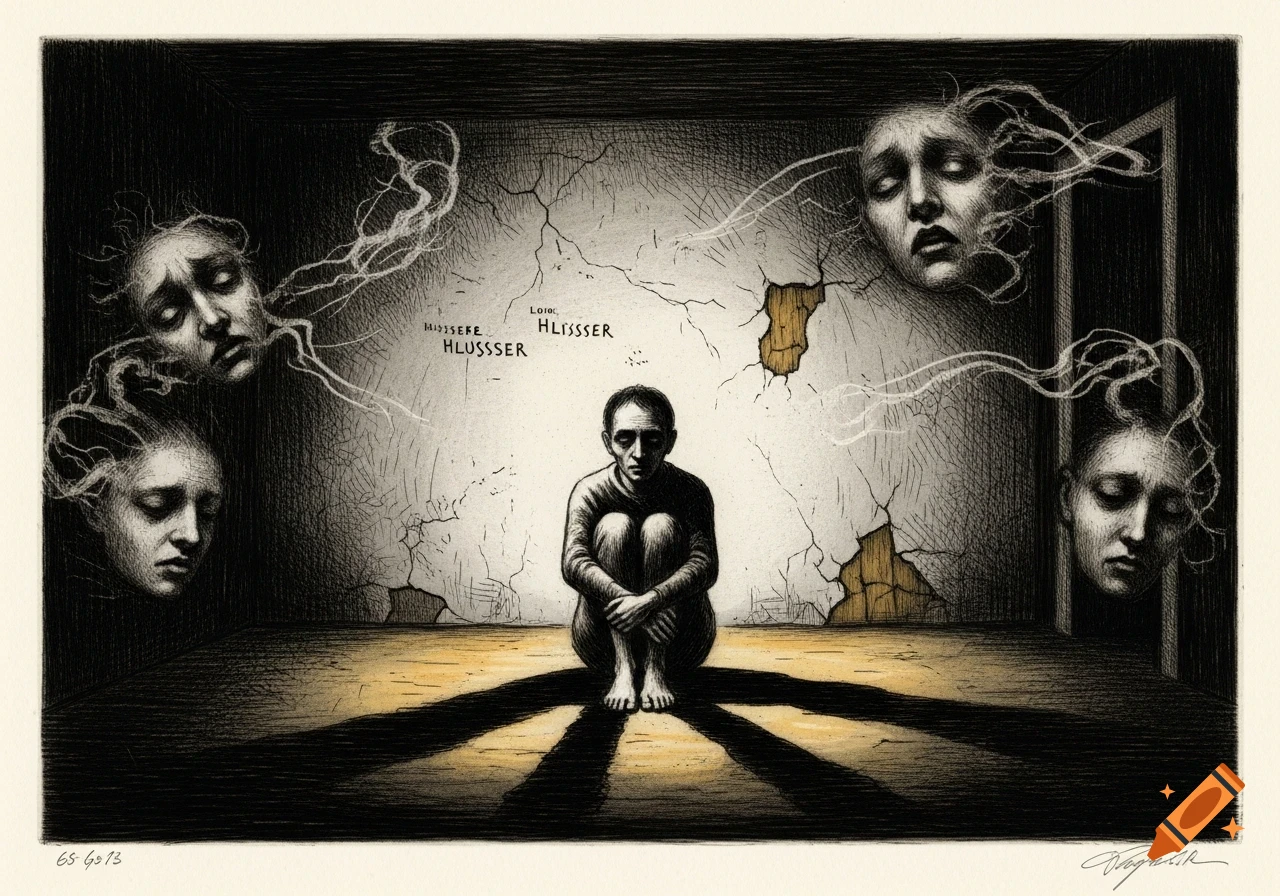 A dark, Goya-esque etching shows a gaunt, distressed figure crouching in a cracked room, surrounded by disembodied heads and shadows.