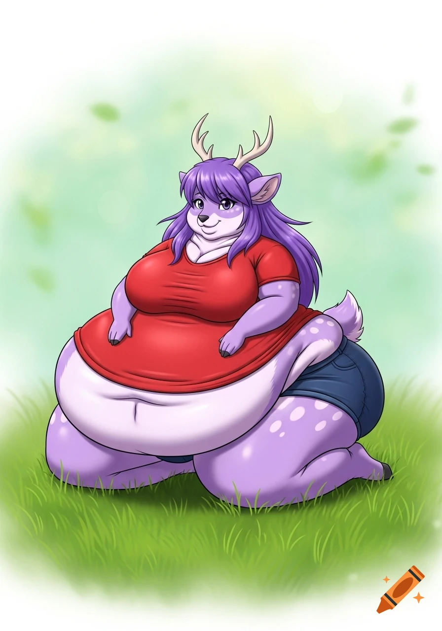A cartoon extremely obese purple deer with purple hair and antlers, wearing a red t-shirt and shorts, sits on green grass.