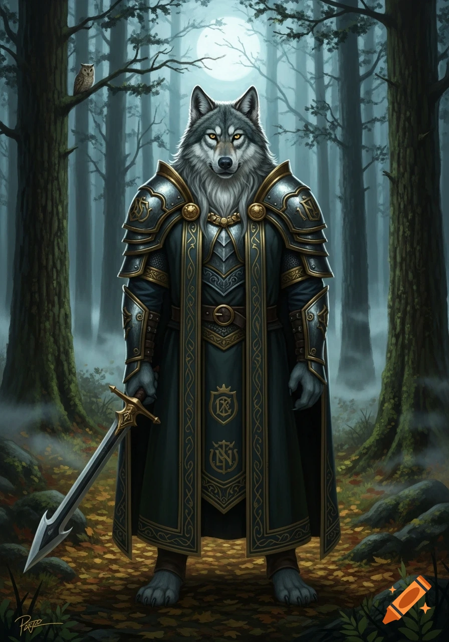 A majestic wolf-man warrior in ornate armor and a long cloak stands in a misty forest under a full moon, holding a sword. An owl perches on a nearby tree.