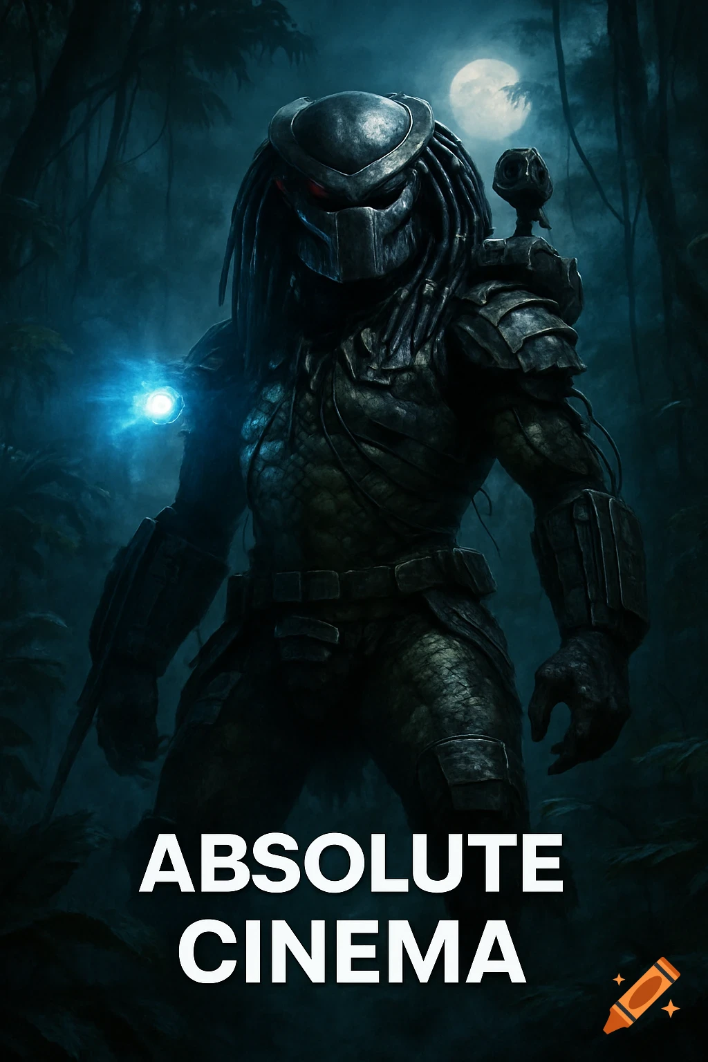 A menacing Predator, wearing its iconic mask and armor, stands in a dark, moonlit jungle. The text "ABSOLUTE CINEMA" is at the bottom.