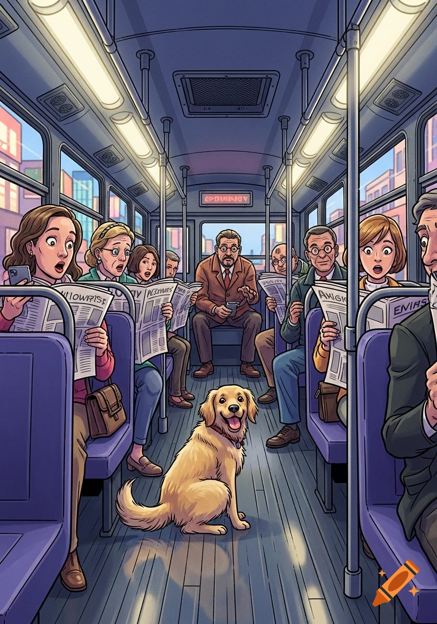 A happy golden retriever dog sits on the floor of a bus while human passengers with surprised expressions read newspapers, in a cartoon style.