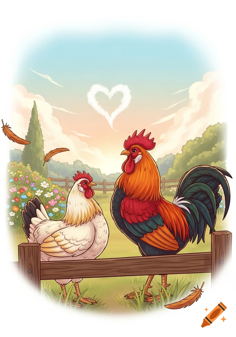 Cartoon illustration of a rooster and a hen in love on a farm, with a heart-shaped cloud in the sky.