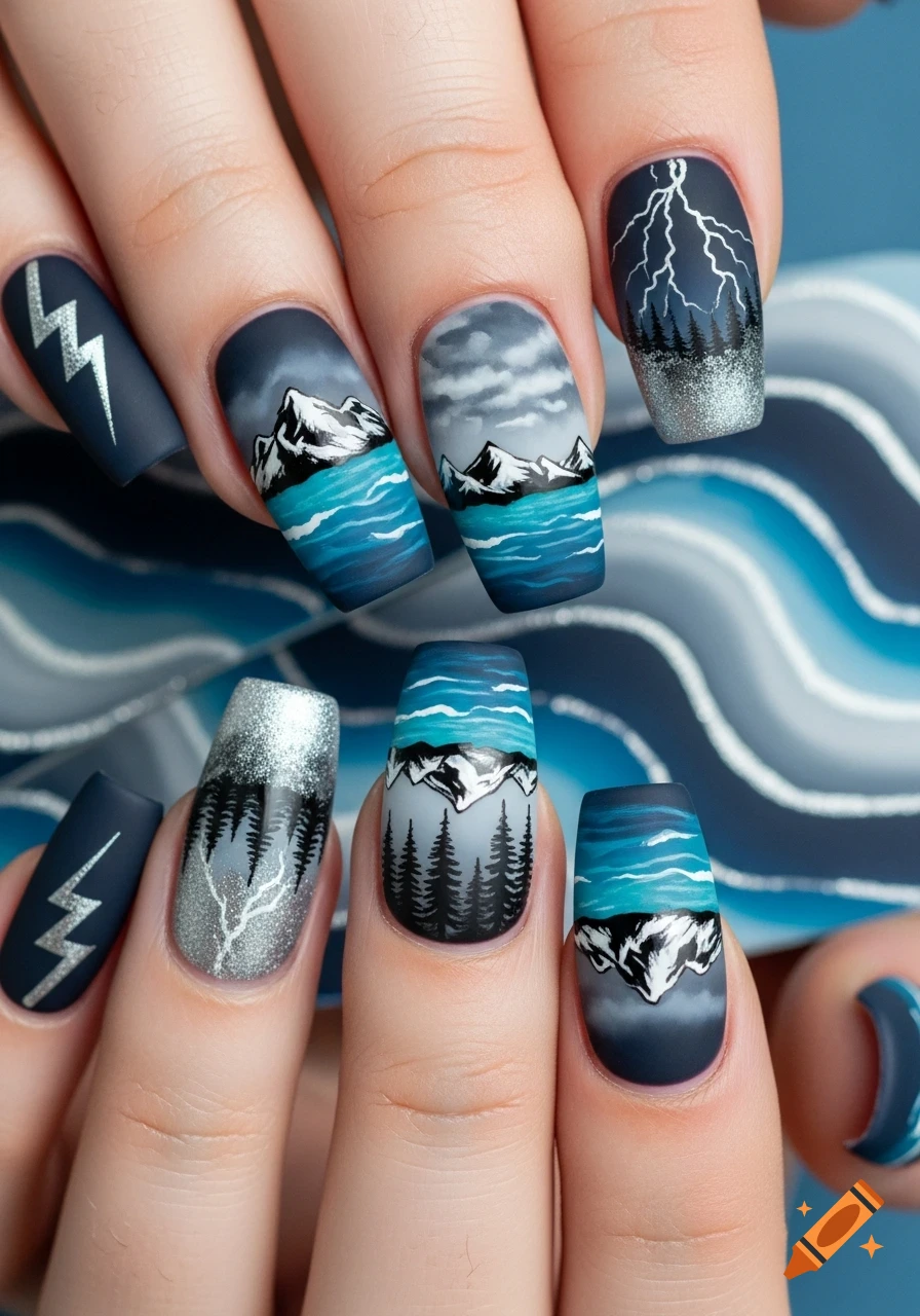 Close-up of hands with elaborate nail art featuring mountain landscapes, pine trees, water, and lightning bolts in shades of blue, gray, and silver.