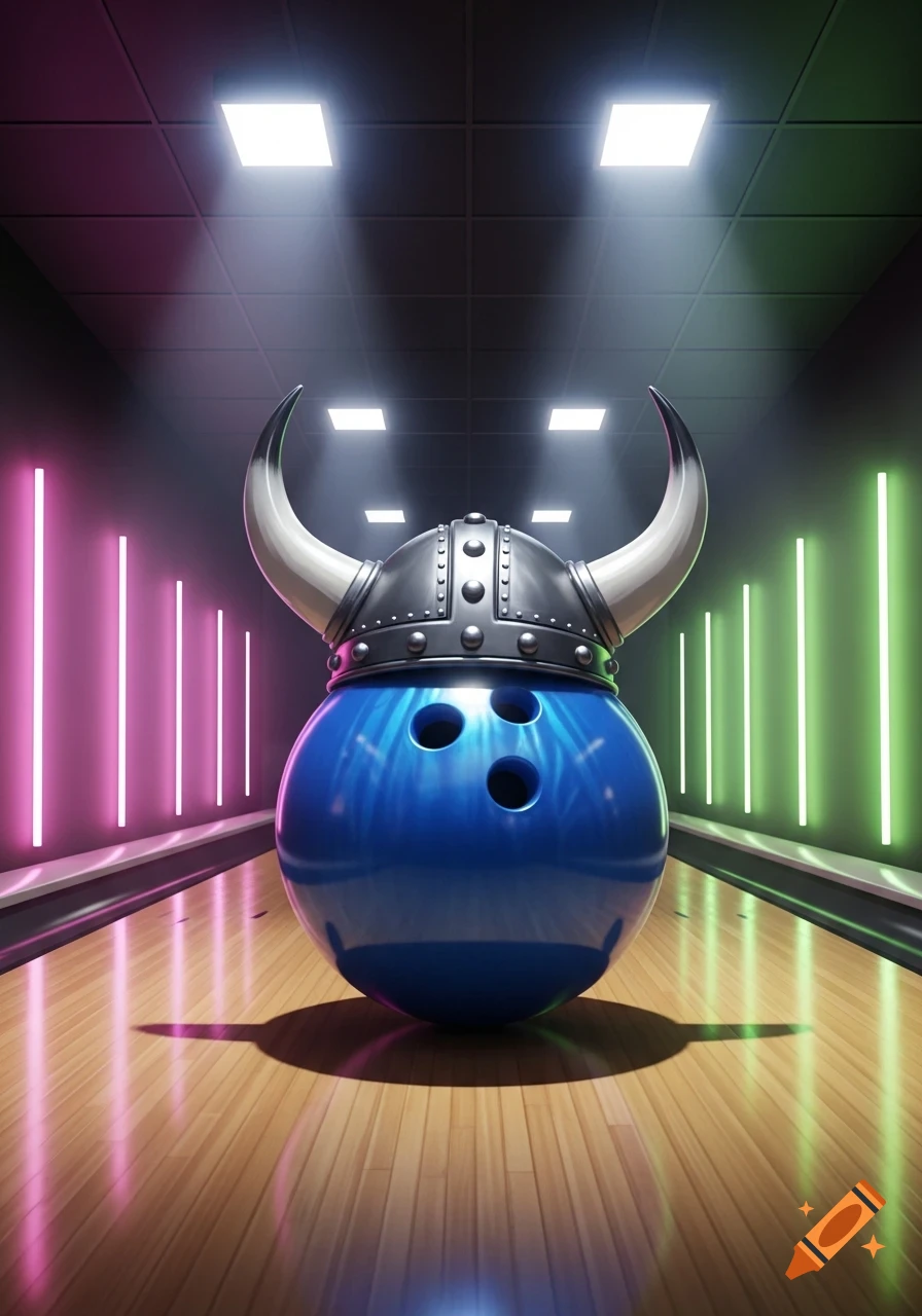 A blue bowling ball wearing a viking helmet on a bowling lane with neon lights.