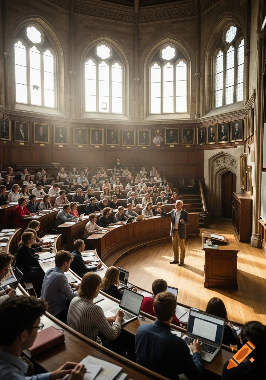 A professor lectures a large class of students in a grand university auditorium with high arched windows and wooden paneling.