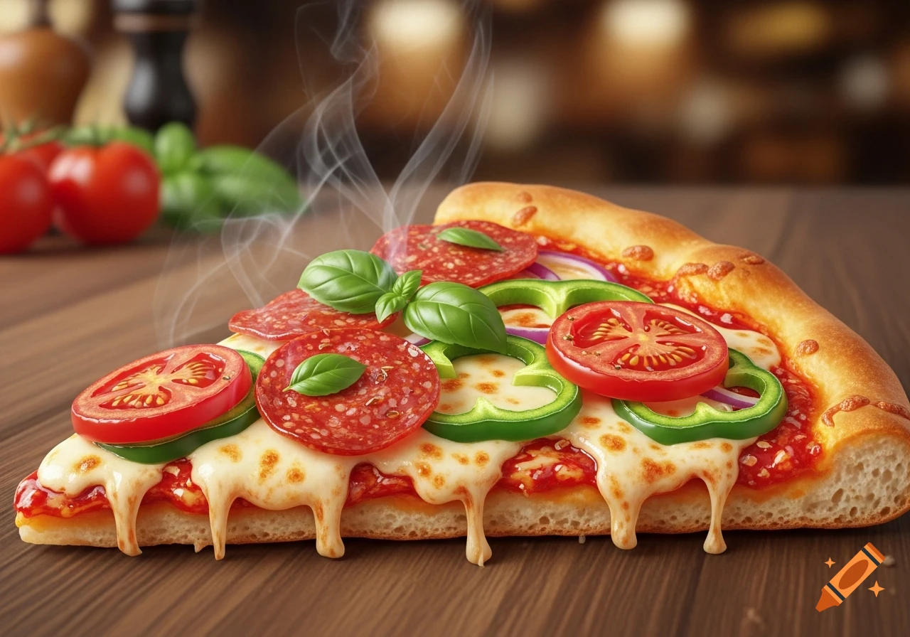A hot slice of pizza with pepperoni, green bell peppers, tomato, red onion, basil, and melted cheese, on a wooden table.
