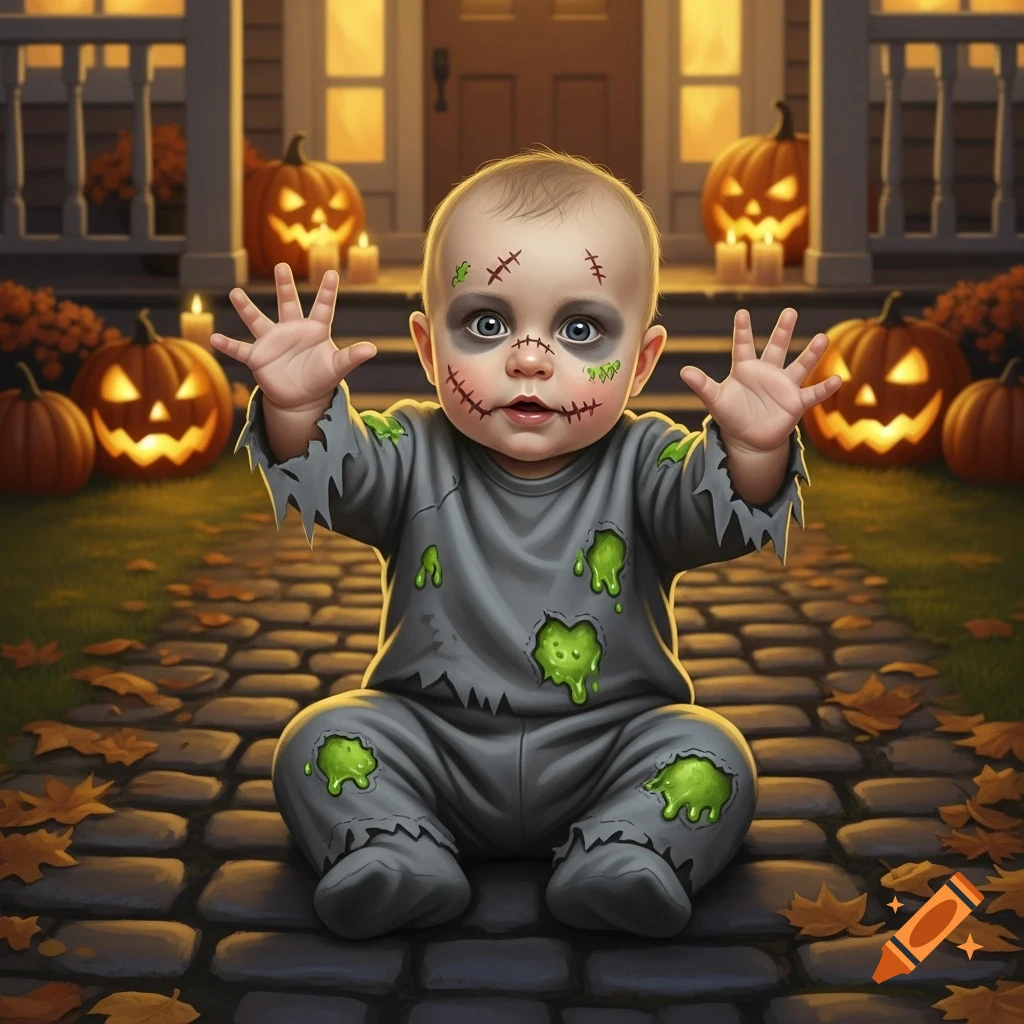 A baby in a zombie costume with green slime and stitched face paint sits on a cobblestone path with illuminated jack-o'-lanterns.