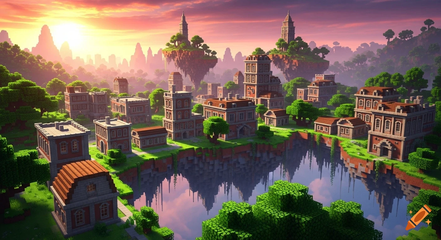 A vibrant blocky town in a fantastical Minecraft-style landscape with floating islands and a reflective lake at sunset.