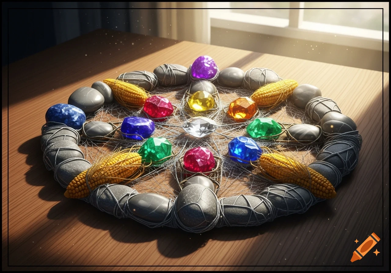 A circular arrangement of colorful faceted gemstones, smooth grey stones, and corn cobs connected by a fine mesh on a wooden table.