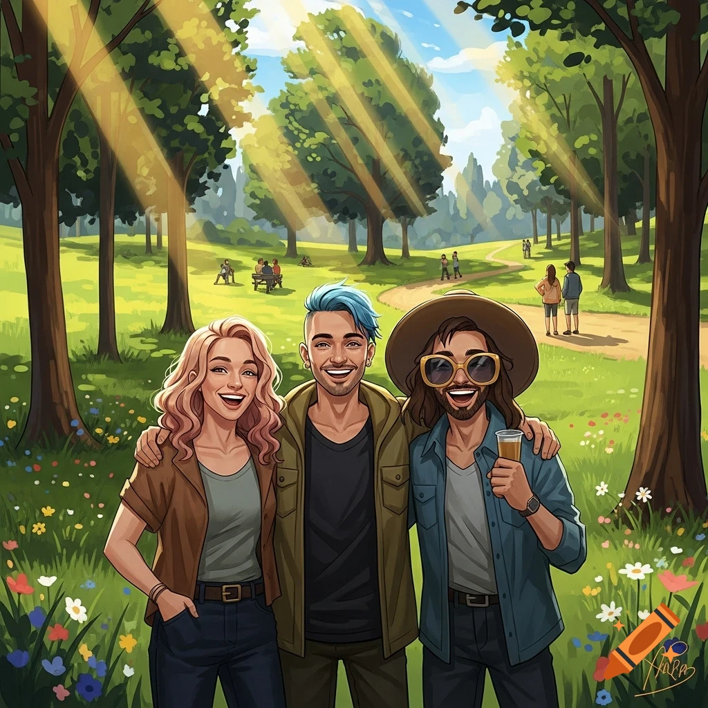 Three smiling friends, one woman and two men, stand arm-in-arm in a sunny park filled with trees and wildflowers, in a digital art style.