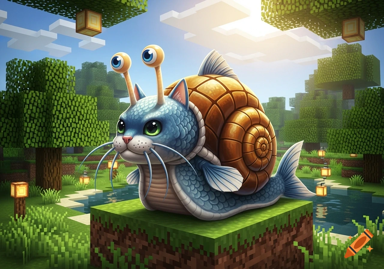 A blue catfish-cat-snail hybrid creature sits on a grass block in a sunny, blocky Minecraft landscape.