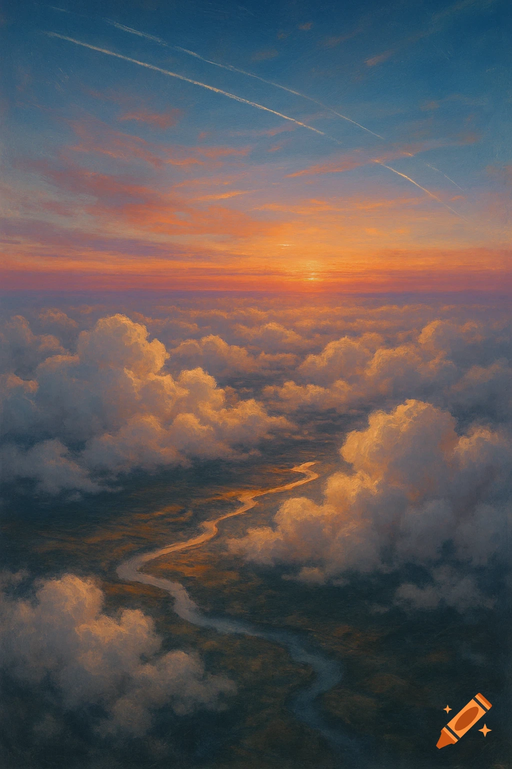 Aerial view of a winding river beneath clouds, bathed in a vibrant sunset with faint contrails in the blue sky.
