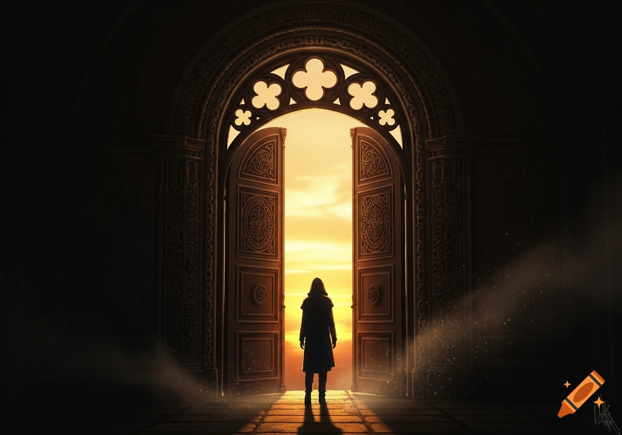 A cloaked silhouette stands in a grand, ornate doorway, facing a brilliant golden sunset.