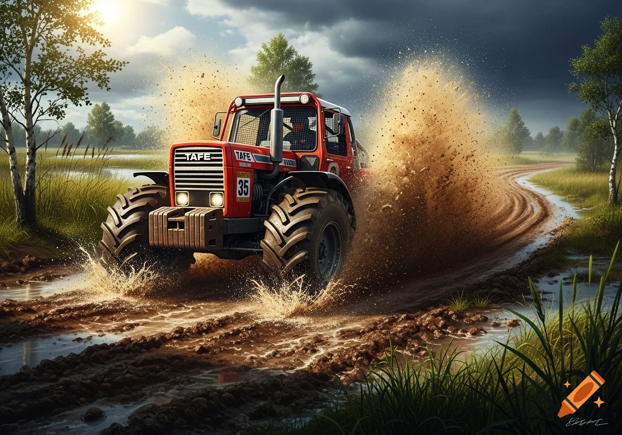 A red TAFE 35 tractor races through a muddy dirt track, splashing water and mud under a sunlit, cloudy sky.