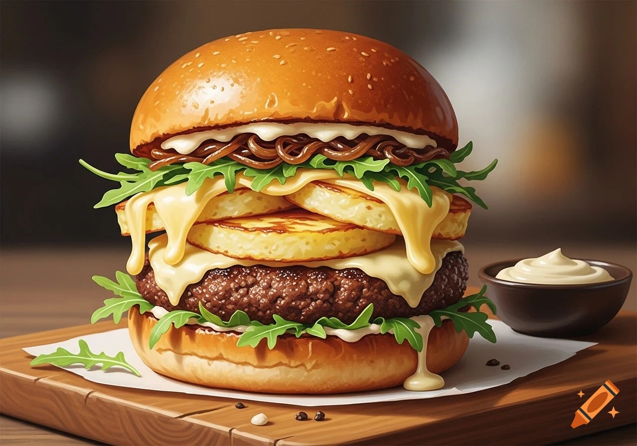 A gourmet dauphinoise burger with a beef patty, melted cheese, arugula, caramelized onions, and potato slices on a wooden board.