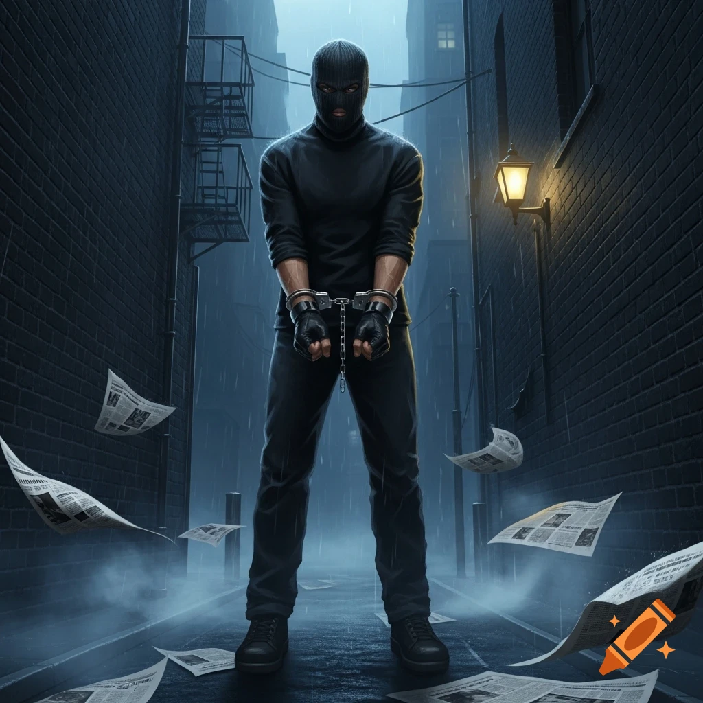 A masked criminal, handcuffed and wearing a ski mask and gloves, stands in a dark, rainy alley with scattered newspapers.