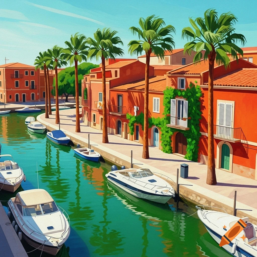 A vibrant, Matisse-style illustration of a canal lined with palm trees and terracotta buildings, with boats moored.