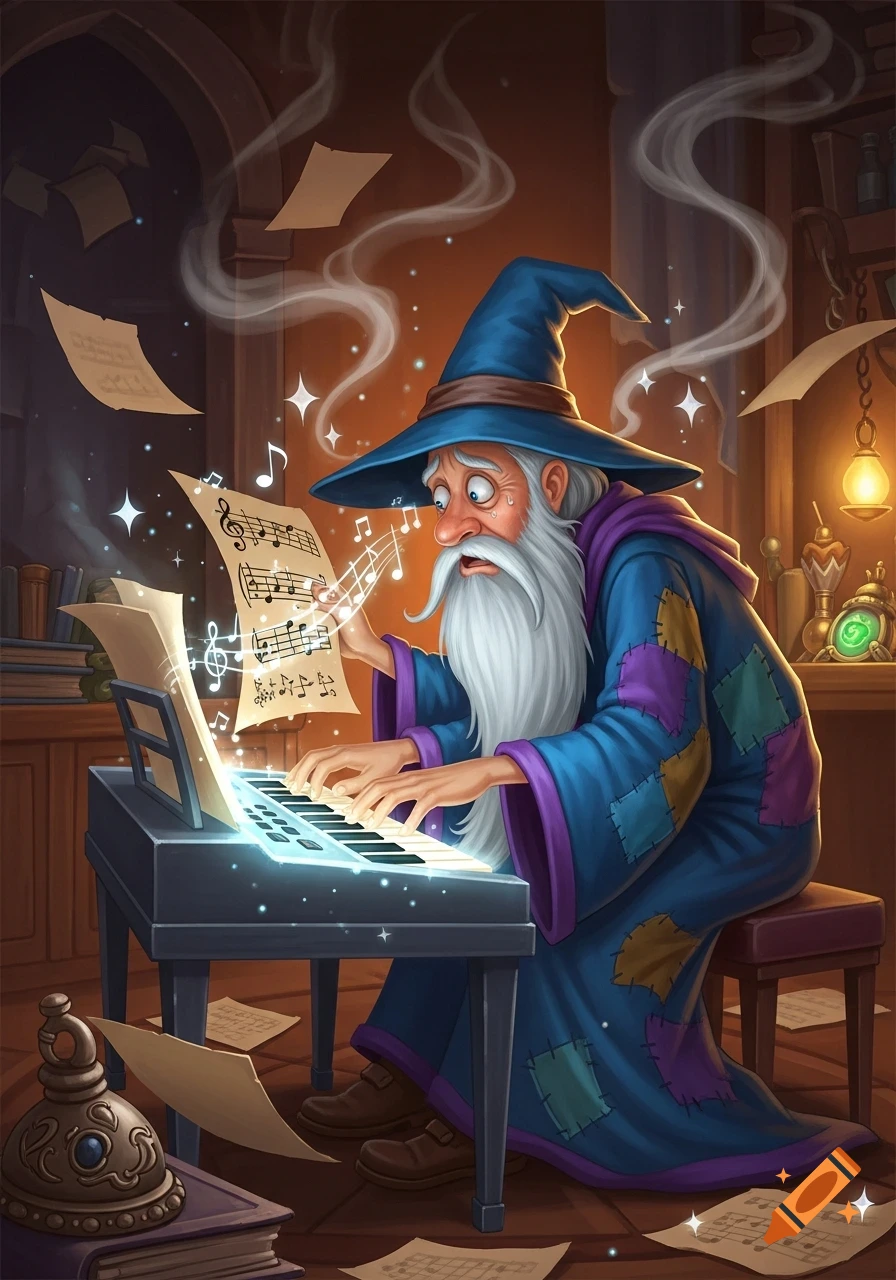 A cartoon wizard with a long white beard and blue hat looks distressed while playing a glowing electric piano with sheet music.