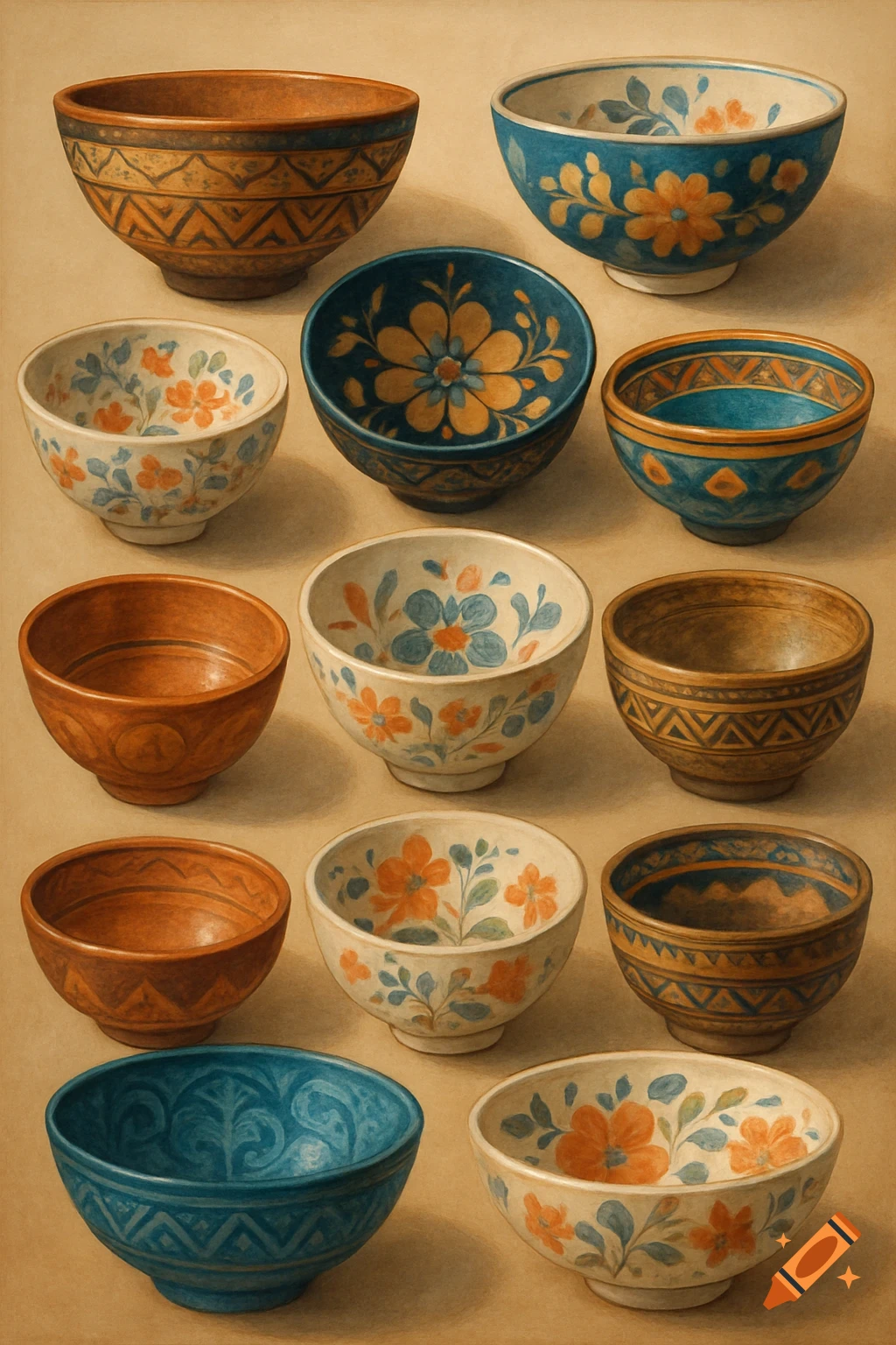 A collection of colorful, patterned ceramic and earthenware bowls arranged on a light brown surface.