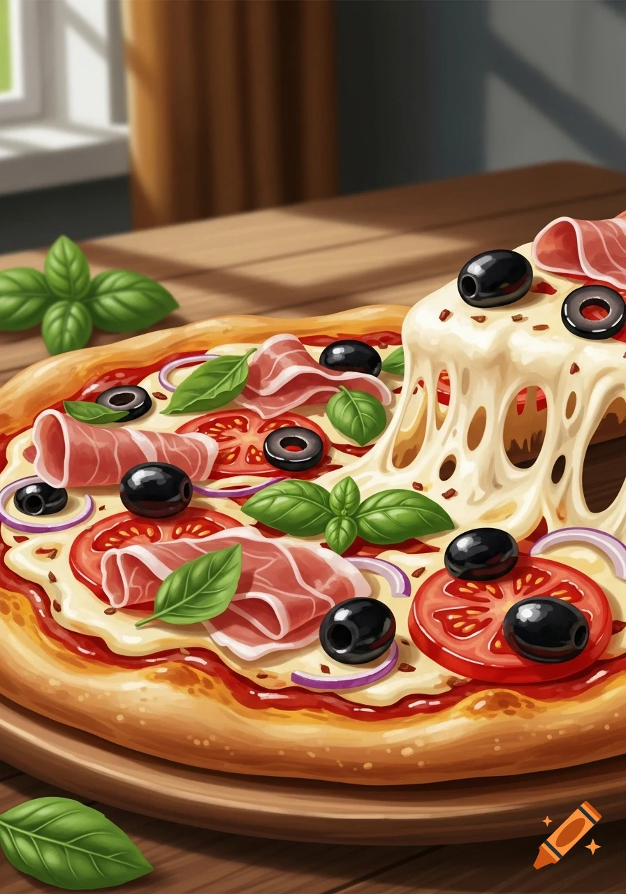 A stylized illustration of a fresh pizza with prosciutto, basil, sliced tomatoes, olives, red onion, and stretching melted cheese on a wooden table.