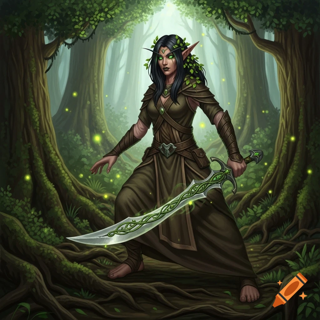A female wood elf druid with green eyes and leaves in her hair, holding ...