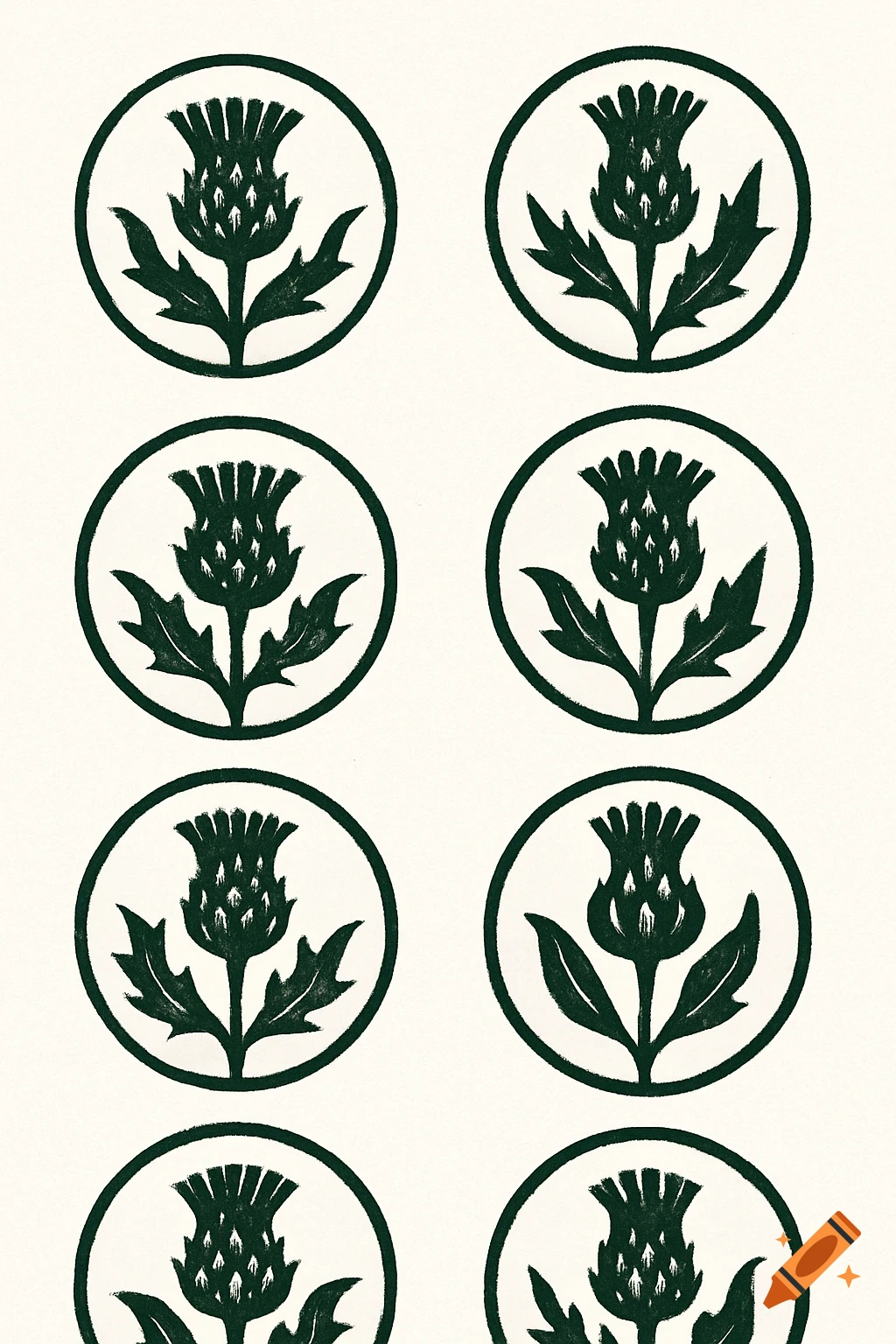 A repeating pattern of dark green, rustic graphic thistle logotypes enclosed in circles on a white background.