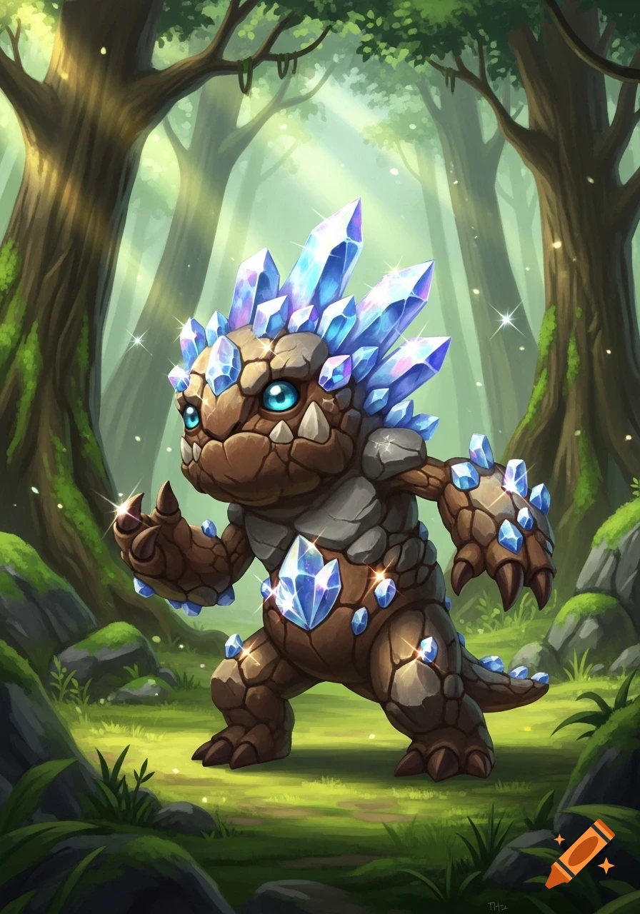 A cute, brown, rocky crystal monster with blue eyes, sparkling crystals on its body, standing in a magical forest.
