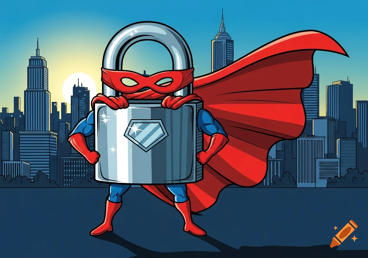 Superhero padlock with red mask and cape stands before a city skyline at sunset, comic book style.