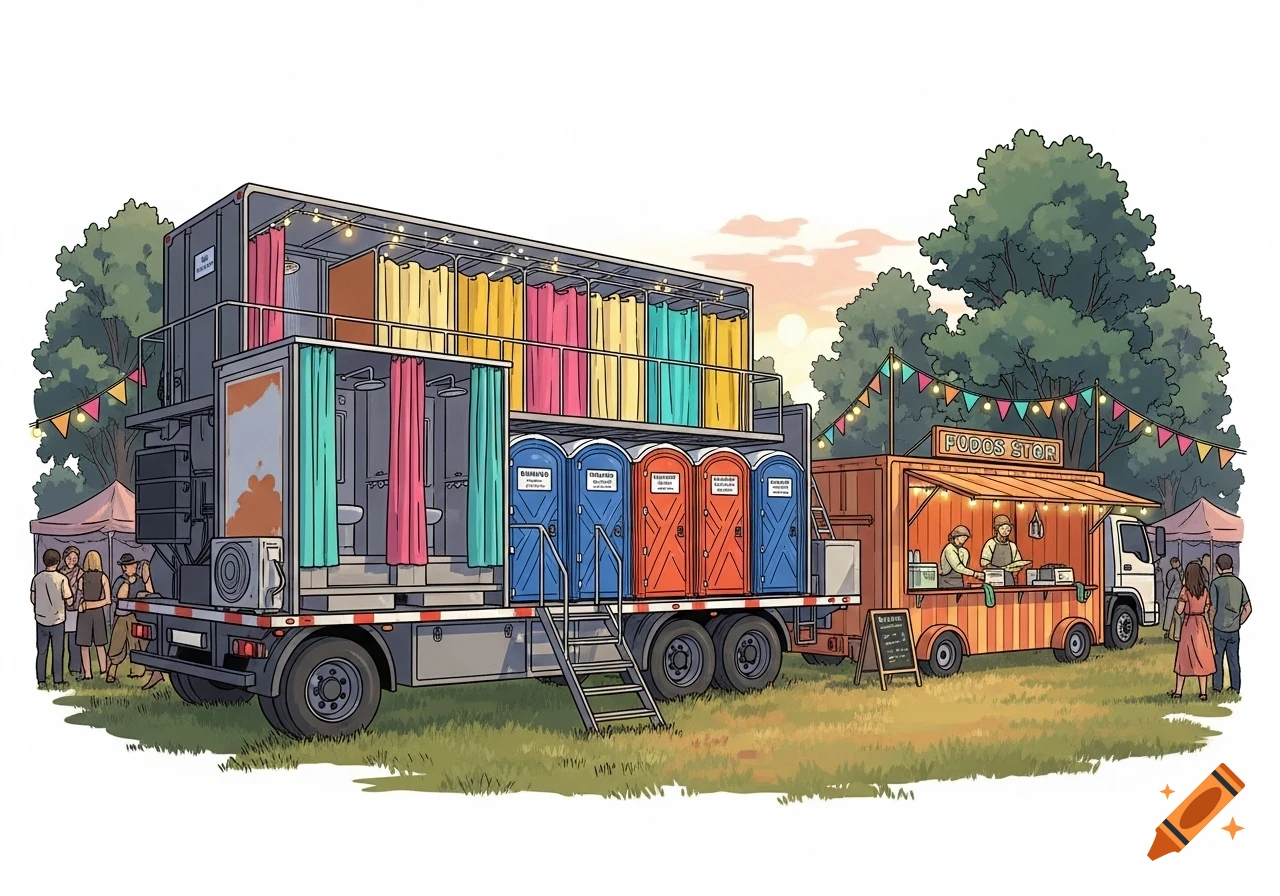 An outdoor festival scene with a large truck featuring mobile showers and portable toilets, next to a food truck, all under string lights.