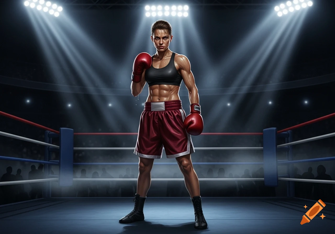 A strong female boxer in red shorts and black sports bra, wearing red gloves, stands centered in a brightly lit boxing ring.