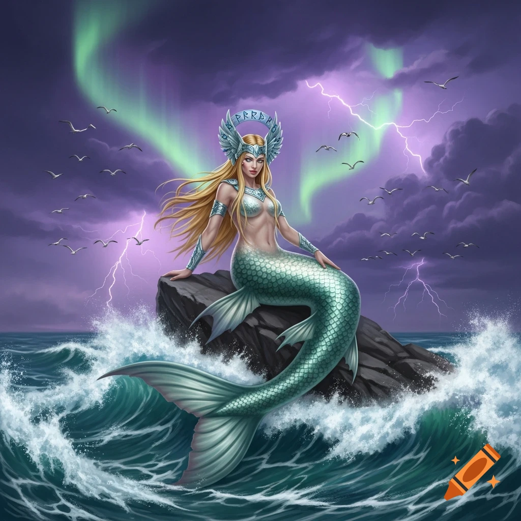A Norse Valkyrie mermaid with a winged crown sits on a rock in a stormy sea with lightning and aurora borealis in the purple sky.