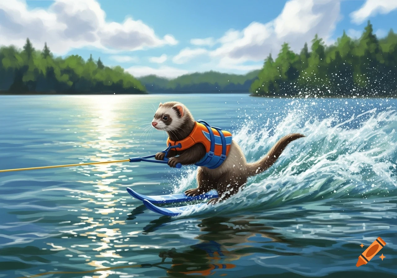 A ferret wearing an orange life vest water skis across a bright blue lake, surrounded by splashing water, under a sunny sky.