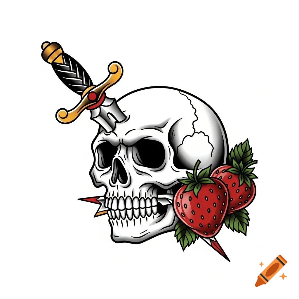 Americana tattoo style illustration of a skull with a dagger piercing its head and exiting the mouth, flanked by strawberries.