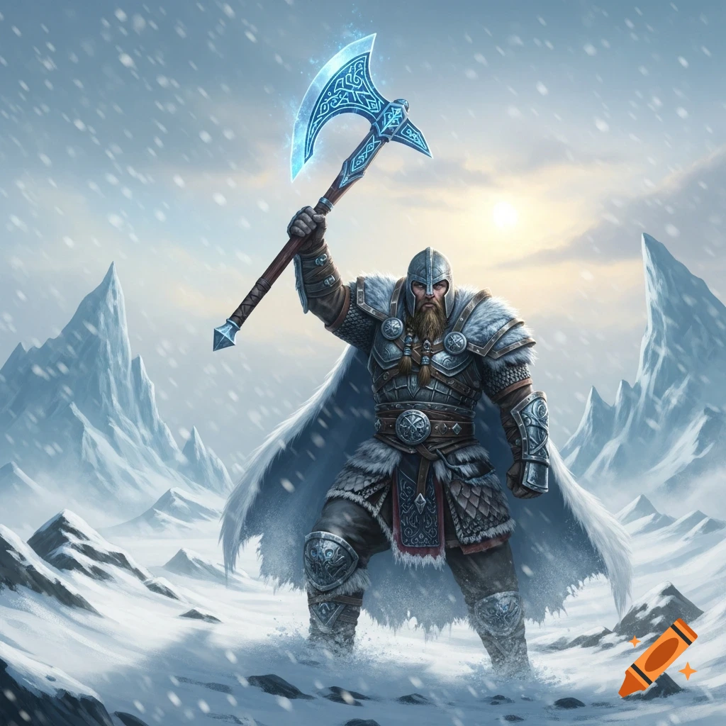 A powerful Viking warrior in ornate armor stands in a snowy mountain landscape, brandishing a glowing, frosty axe.