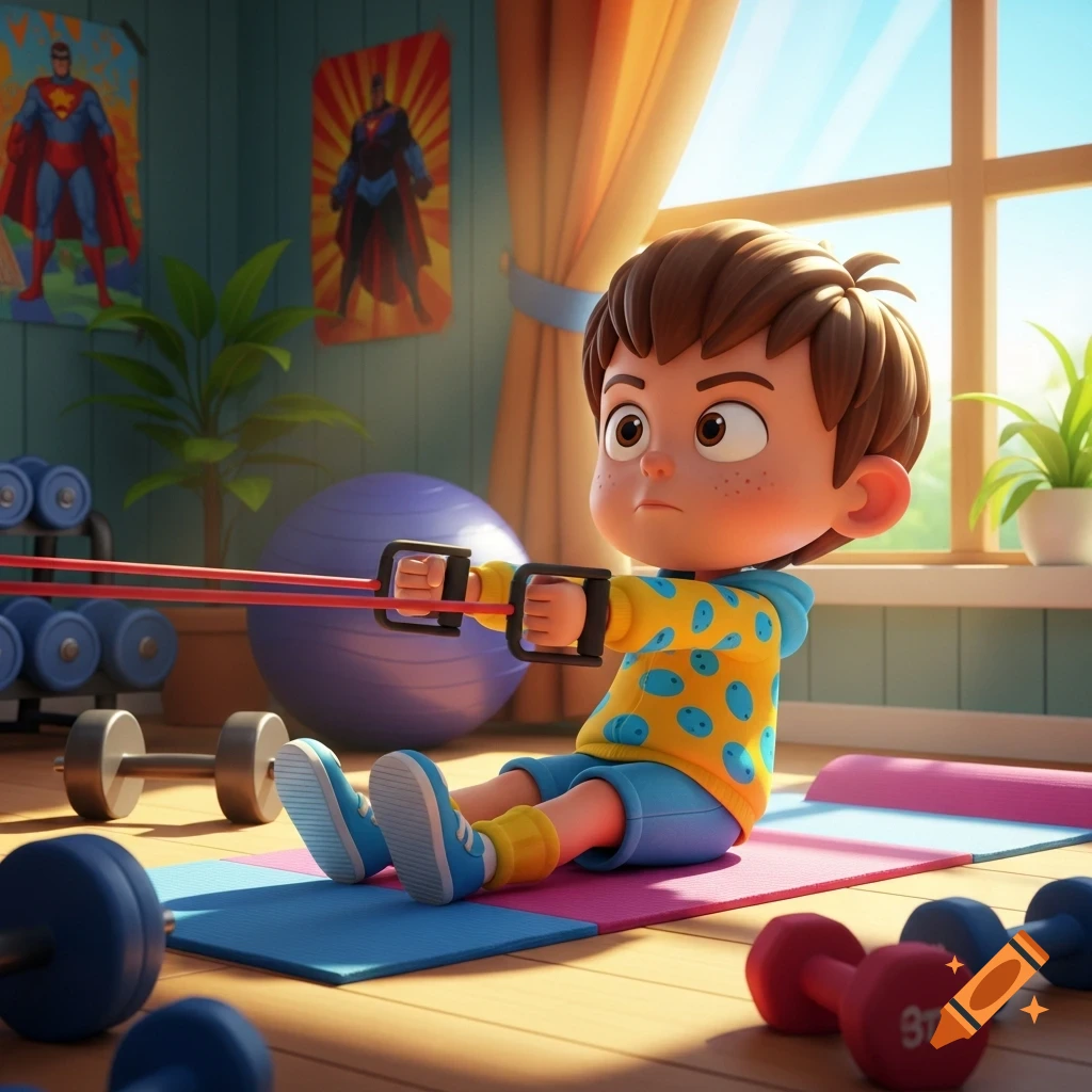 A cartoon boy in a yellow and blue shirt sits on a mat, pulling an exercise resistance band in a bright room with weights and posters.