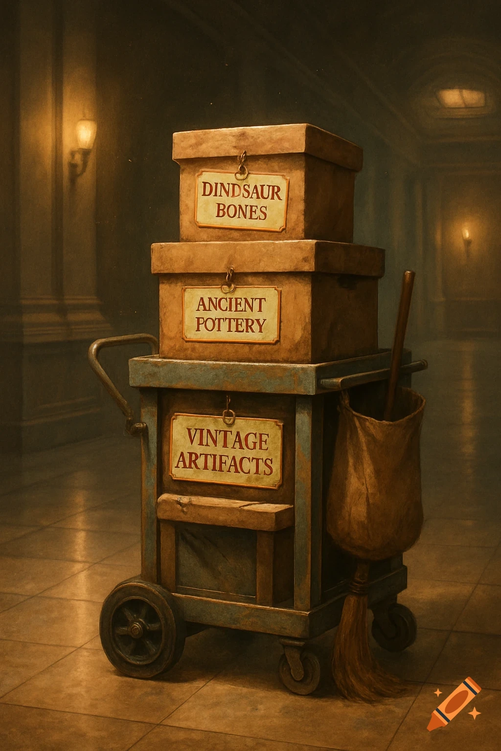 A janitor's cart with stacked boxes labeled "Dindsaur Bones," "Ancient Pottery," and "Vintage Artifacts" in a dimly lit museum hallway.