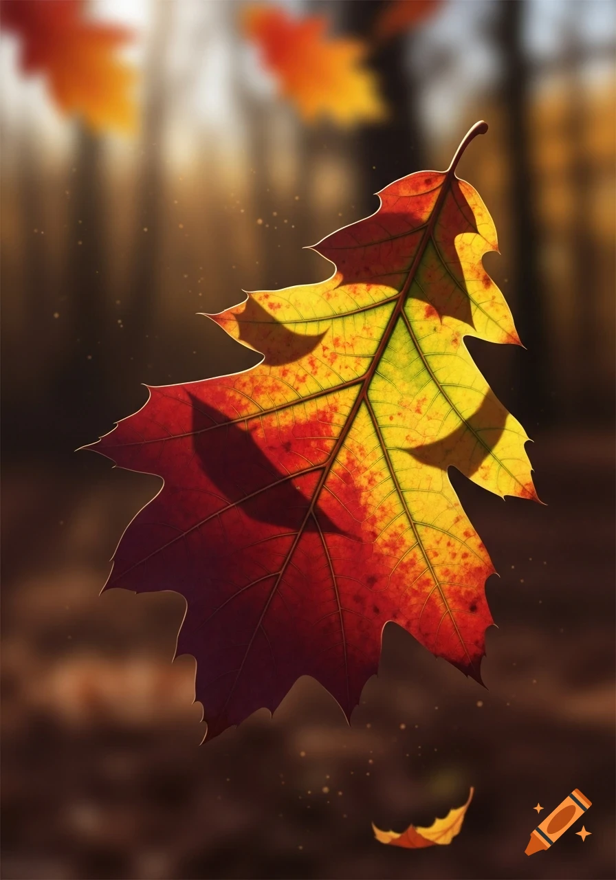 A vibrant red and yellow oak leaf floats in a sun-dappled autumn forest, with blurred background leaves.