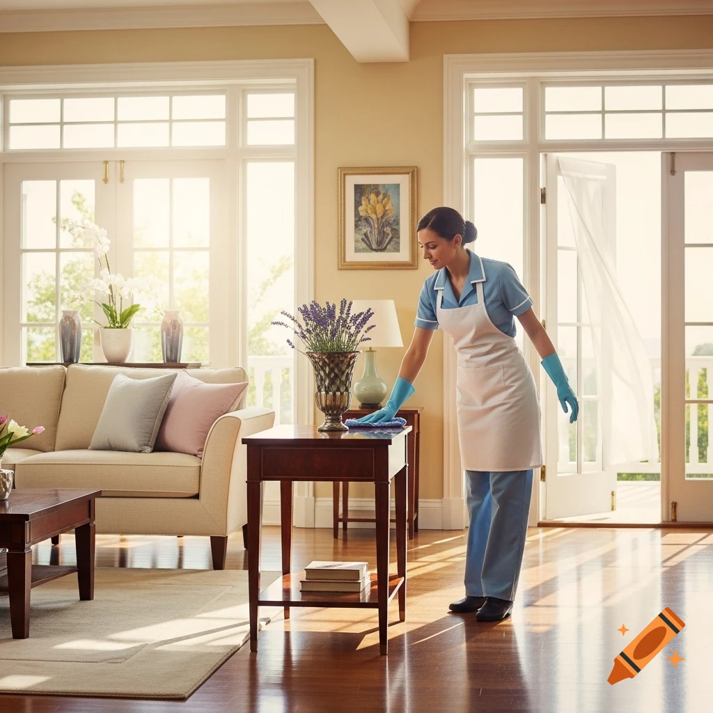 A house cleaner in a blue uniform and white apron wipes a table in a bright living room.